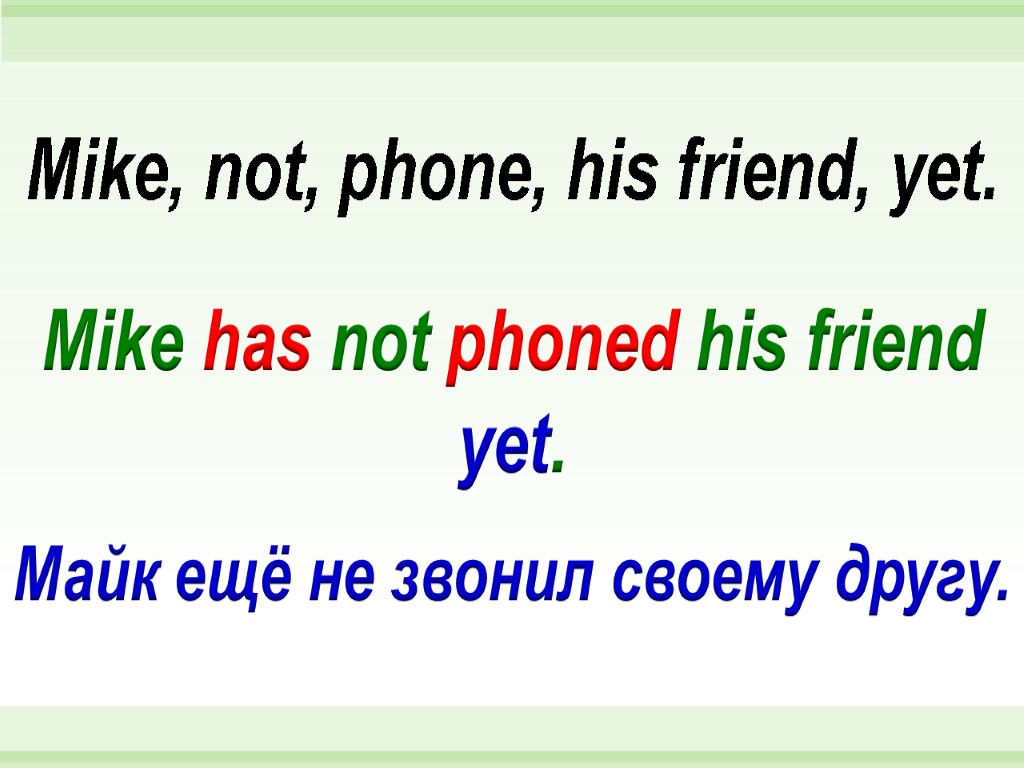 Mike has not phoned his friend yet. Mike, not, phone, his friend, yet. Майк